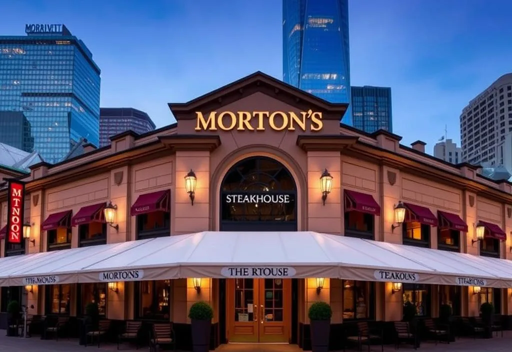 A photo of the exterior of Morton's The Steakhouse, with a classic design and a city backdrop