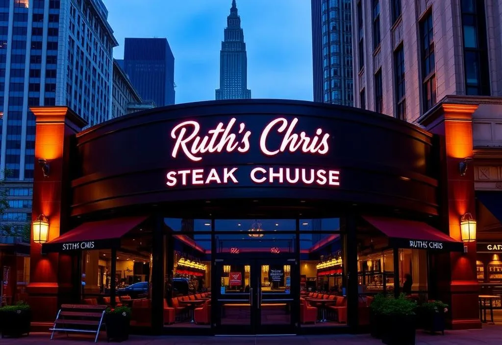 A photo of the exterior of Ruth's Chris Steak House, with a modern design and a city backdrop