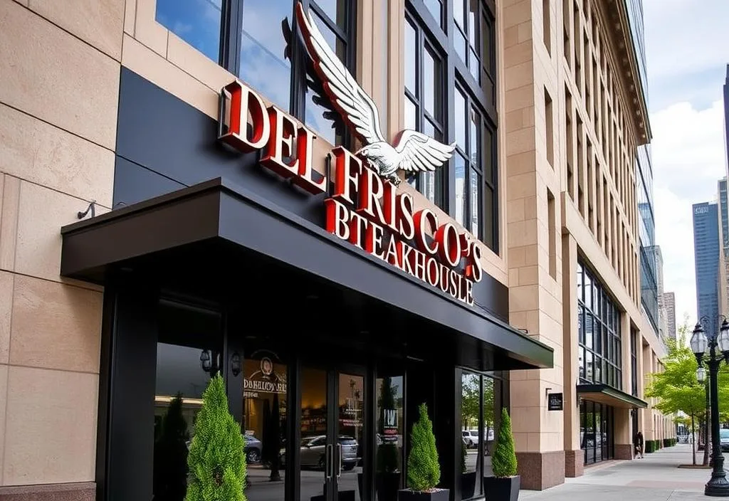 A photo of the exterior of Del Frisco's Double Eagle Steakhouse, with a sleek and modern design and a city backdrop