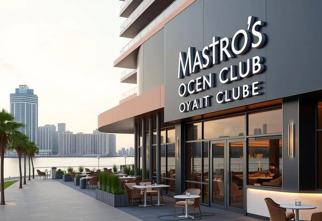 A photo of the exterior of Mastro's Ocean Club, with a sleek and modern design and a city backdrop