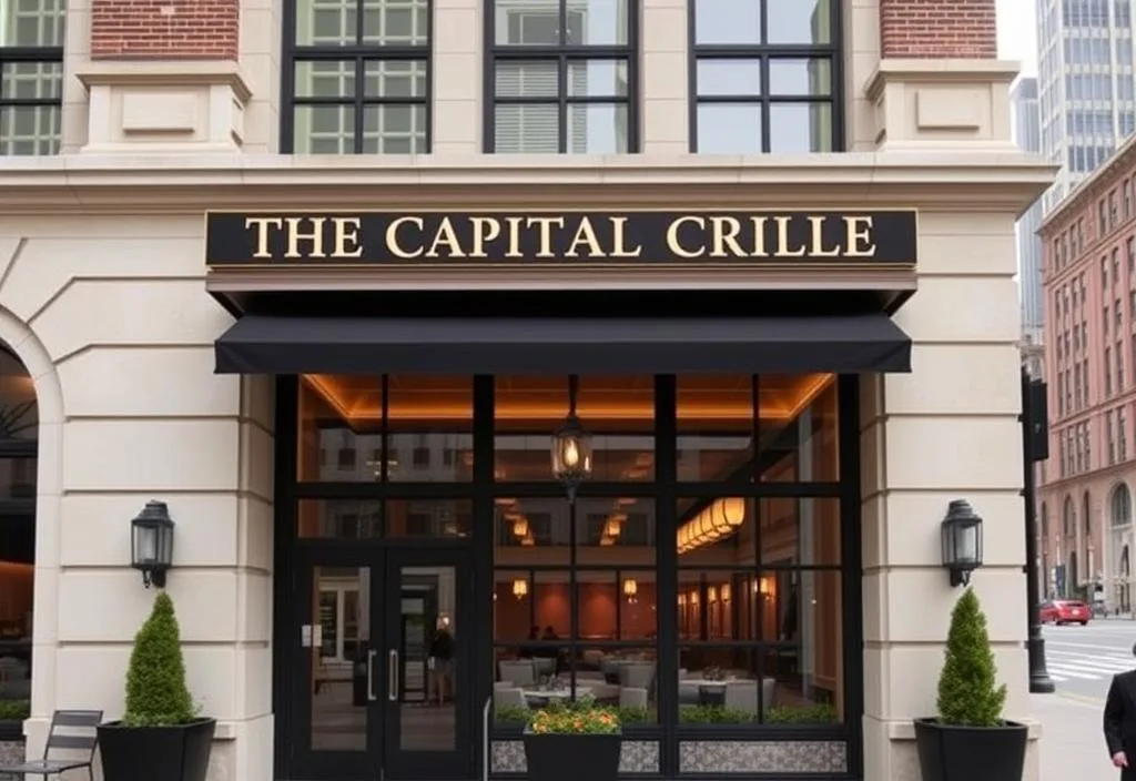 A photo of the exterior of The Capital Grille, with a classic design and a city backdrop