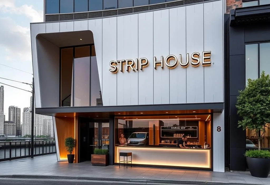 A photo of the exterior of Strip House, with a sleek and modern design and a city backdrop