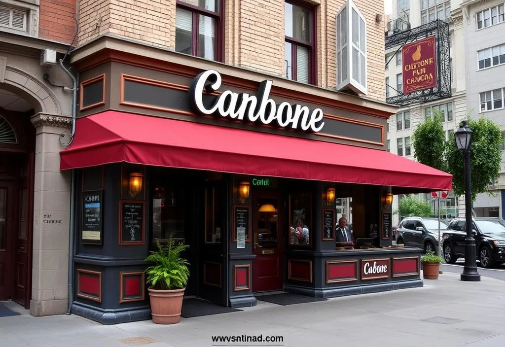 A photo of the exterior of Carbone, with a retro-style design and a city backdrop