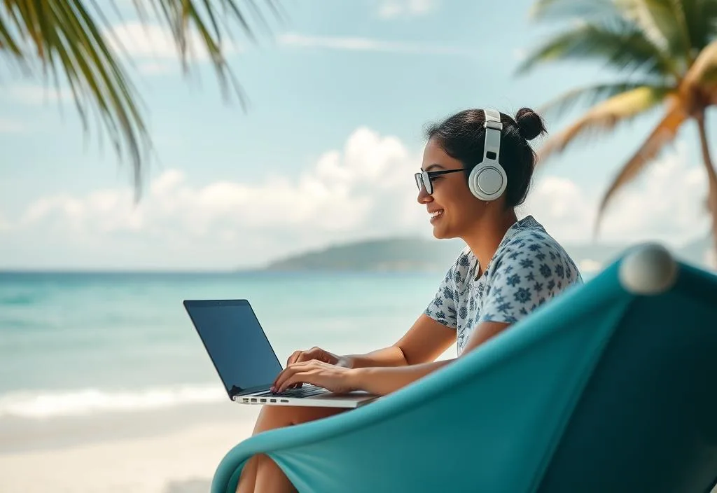 A person working remotely from a beach