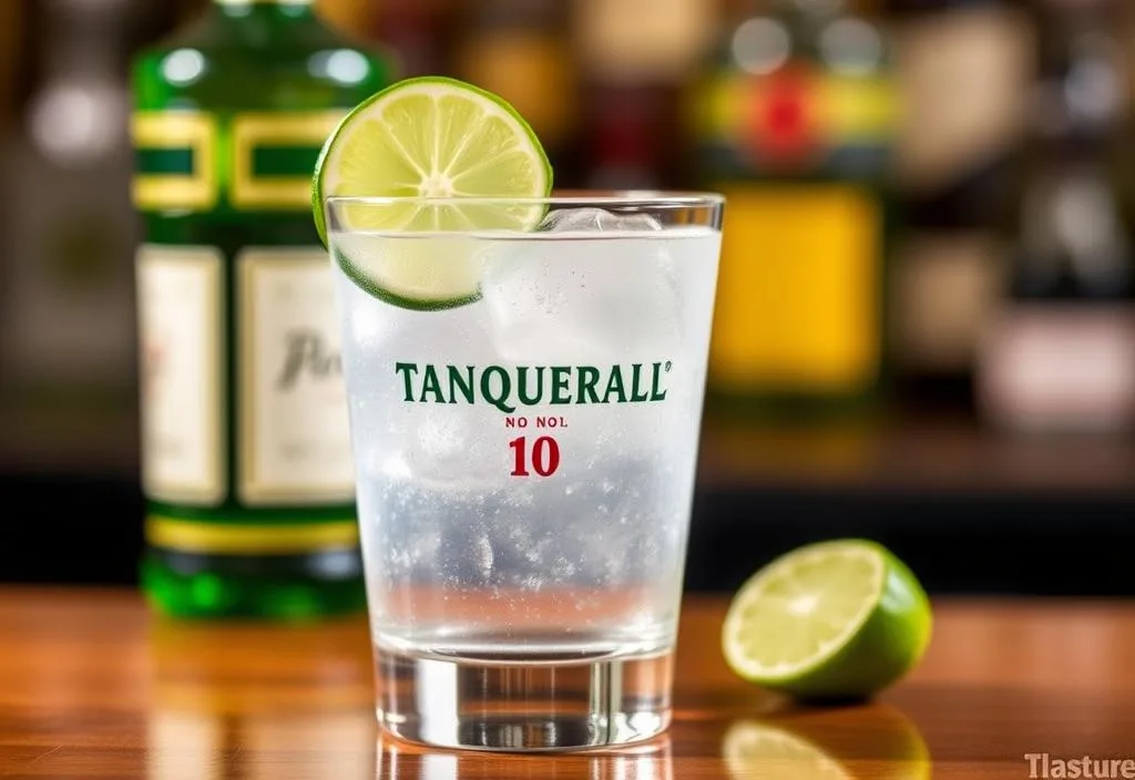 A glass of Tanqueray No. 10 with a lime wedge