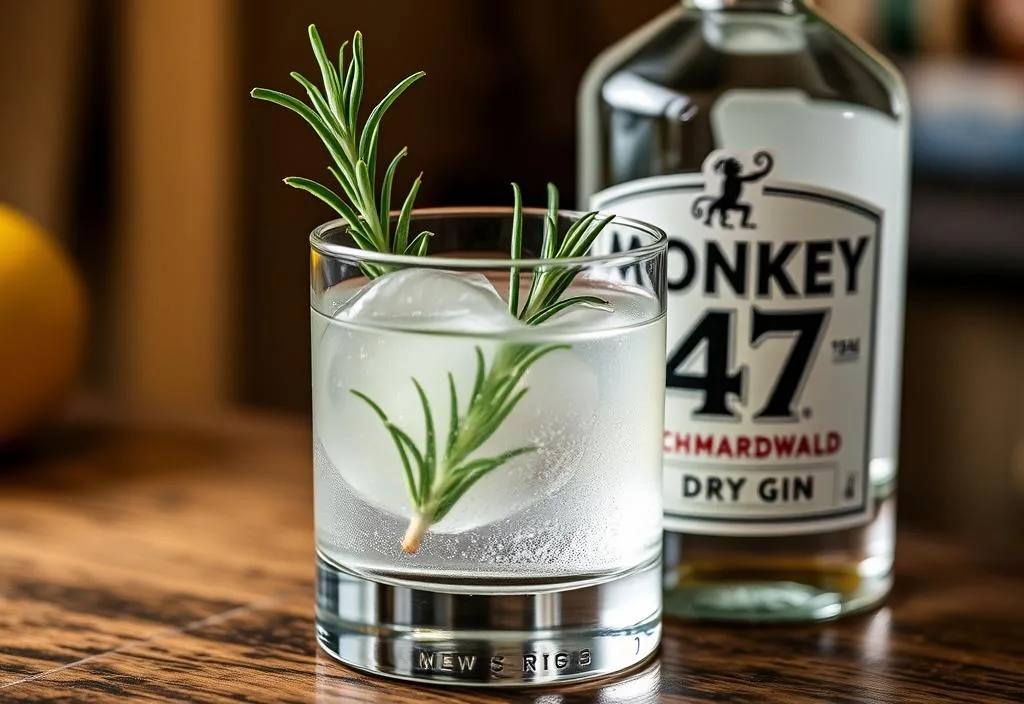 A glass of Monkey 47 Schwarzwald Dry Gin with a sprig of rosemary