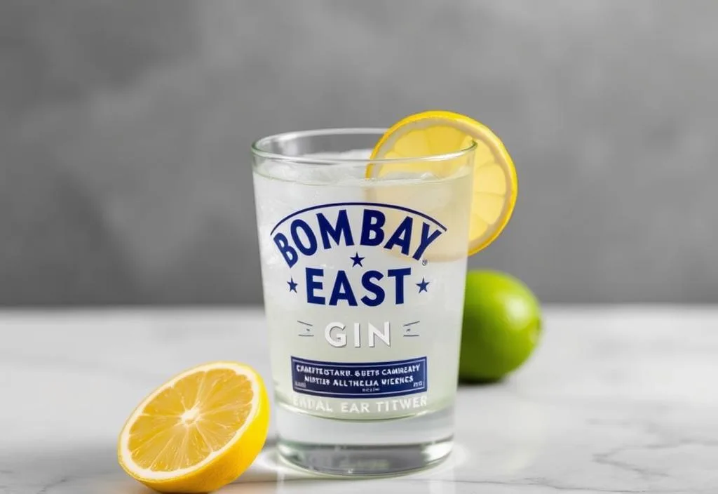 A glass of Bombay East Gin with a lemon wedge