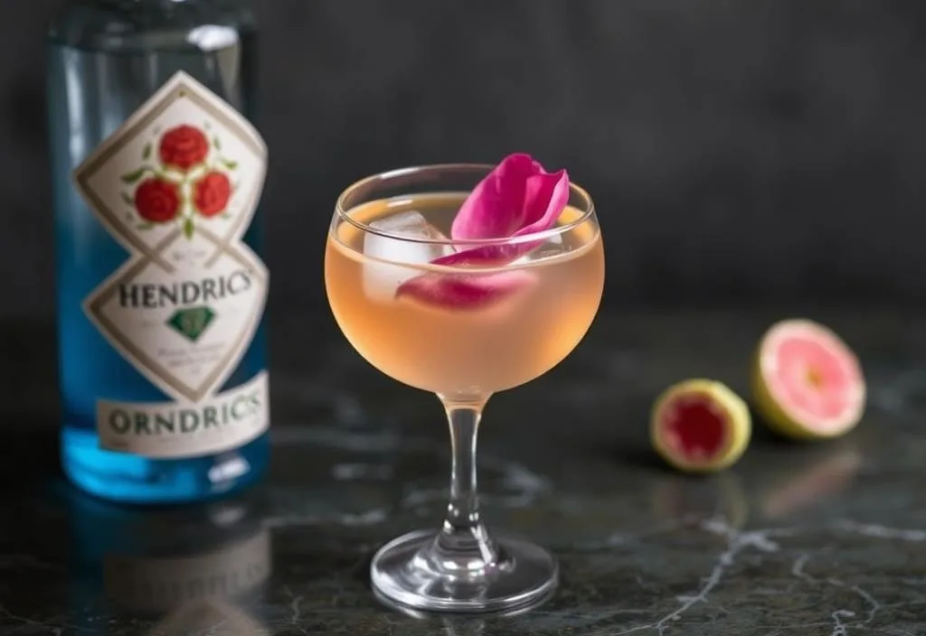 A glass of Hendrick's Orbium Gin with a rose petal garnish