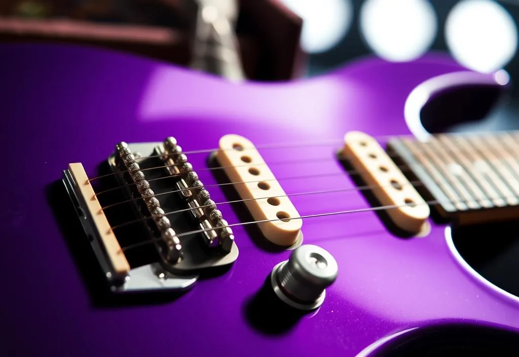 A close-up of Jimi Hendrix's iconic purple guitar