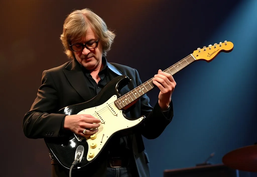 A photo of Eric Clapton holding his iconic Fender Stratocaster