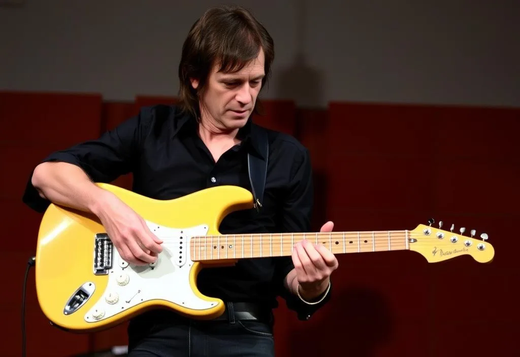 A photo of Jeff Beck holding his iconic Fender Stratocaster