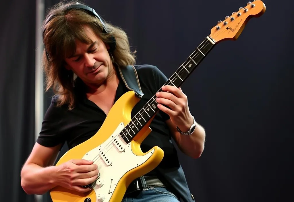 A photo of Eddie Van Halen holding his iconic Fender Stratocaster