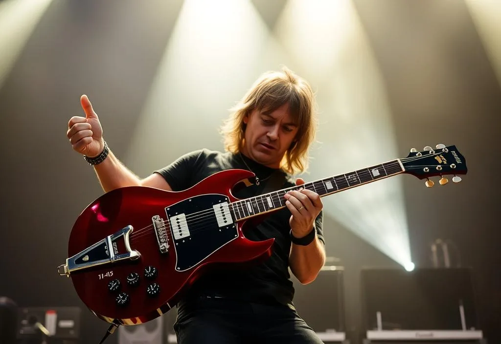 A photo of Angus Young holding his iconic Gibson SG