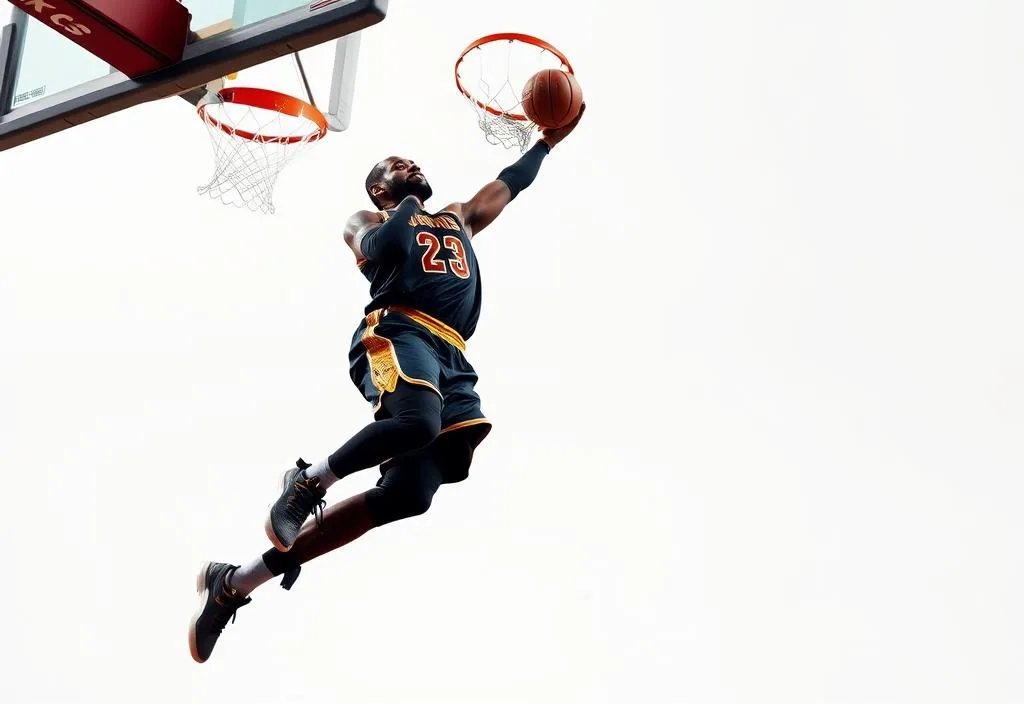 A photo of LeBron James in mid-air, dunking a basketball