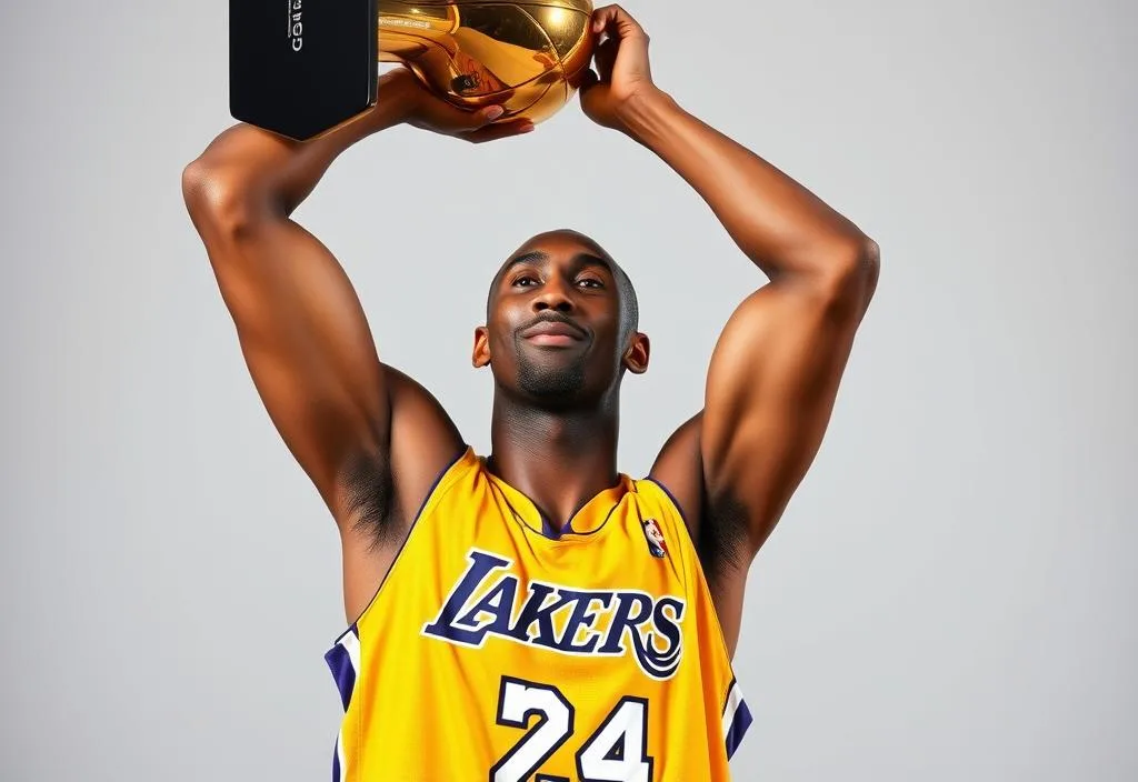 A photo of Kobe Bryant in a Lakers jersey, holding up a championship trophy