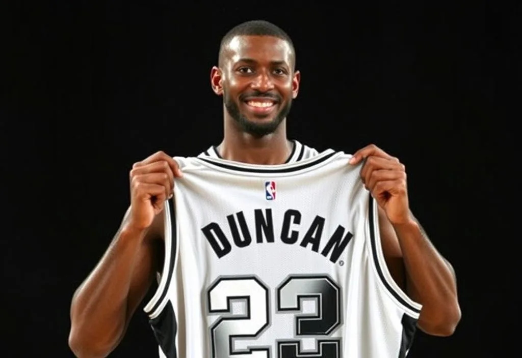 A photo of Tim Duncan holding up a Spurs jersey