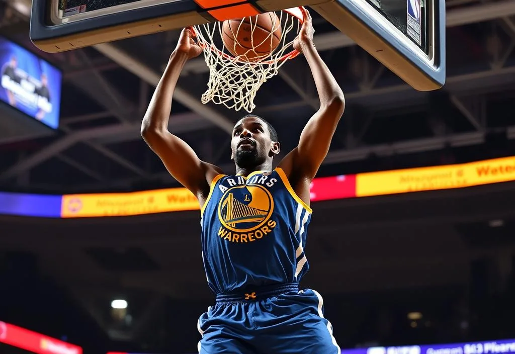 A photo of Kevin Durant in mid-air, dunking a basketball