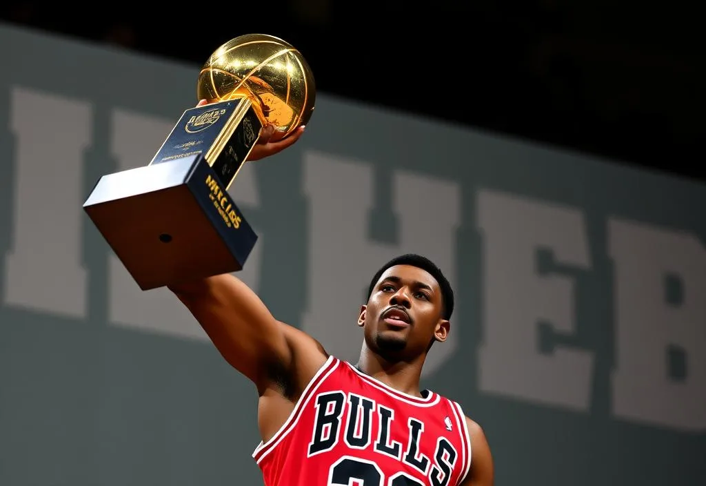 A photo of Scottie Pippen in a Bulls jersey, holding up a championship trophy