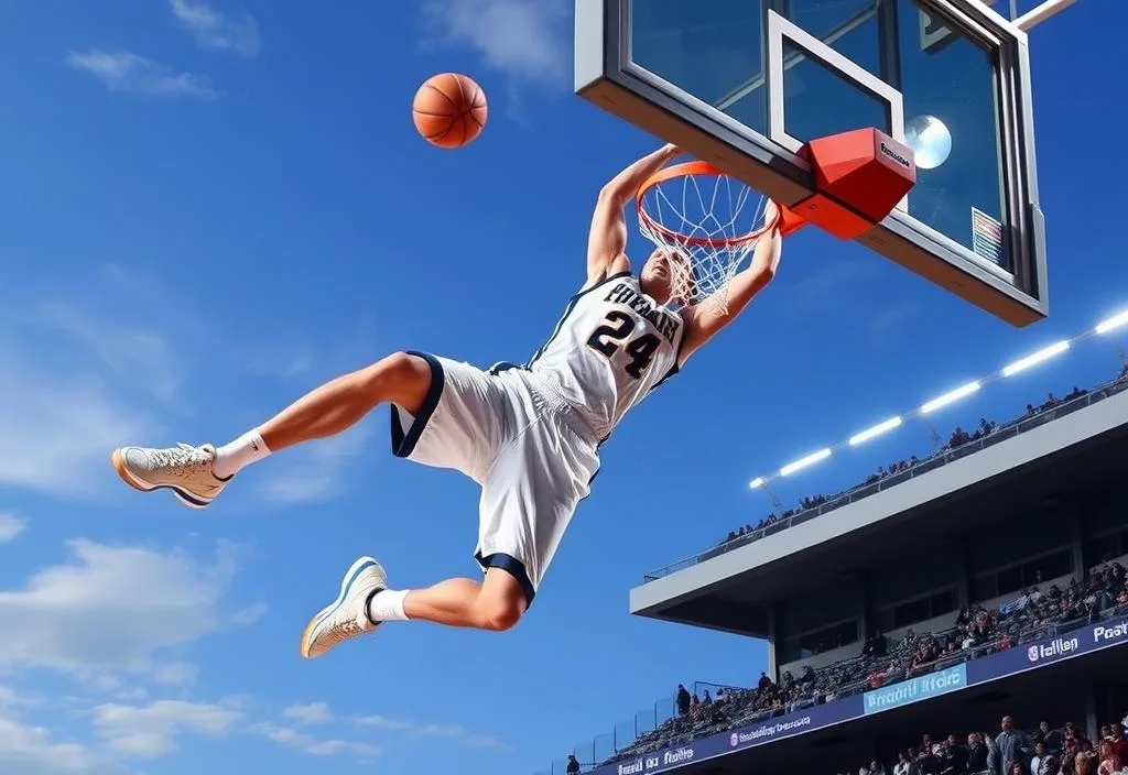 A photo of Dirk Nowitzki in mid-air, dunking a basketball