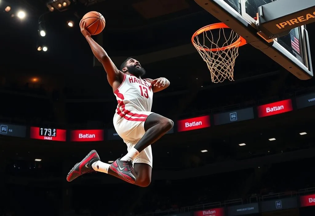 A photo of James Harden in mid-air, dunking a basketball