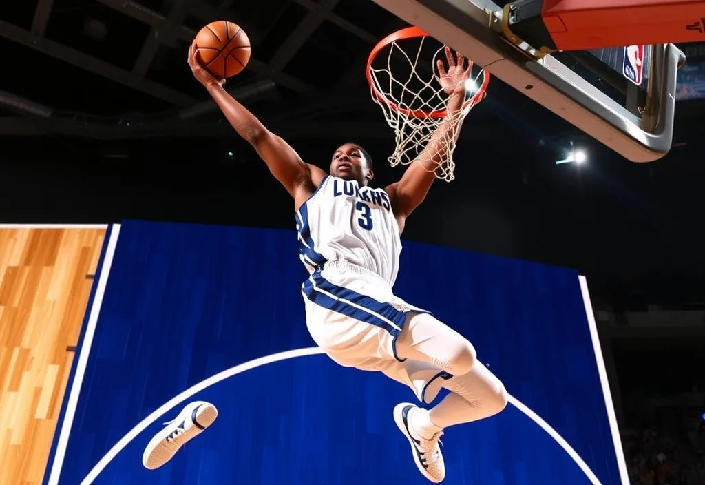 A photo of Kawhi Leonard in mid-air, dunking a basketball