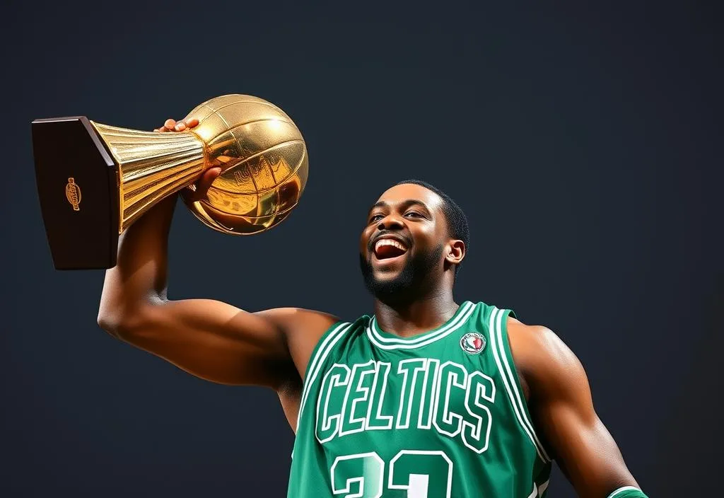 A photo of Paul Pierce in a Celtics jersey, holding up a championship trophy