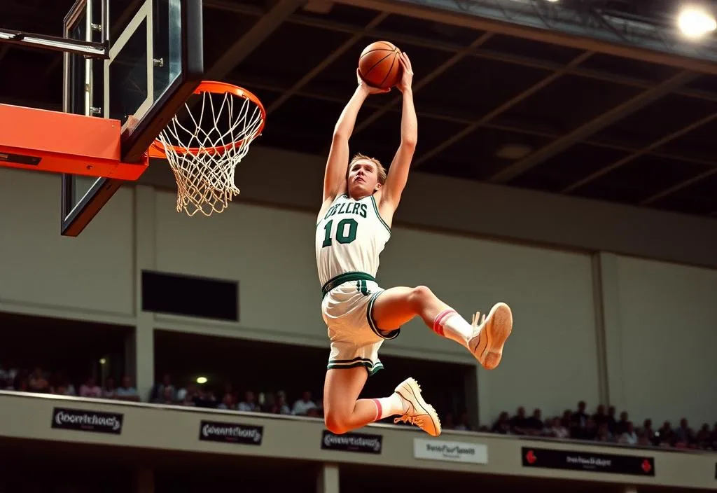 A photo of Larry Bird in mid-air, dunking a basketball