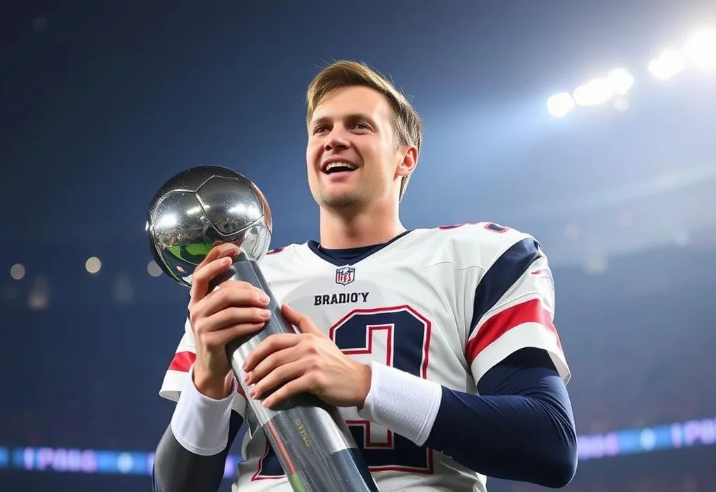 A photo of Tom Brady holding a Super Bowl trophy