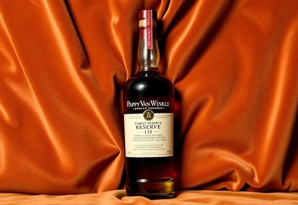 A bottle of Pappy Van Winkle's Family Reserve on a velvet background