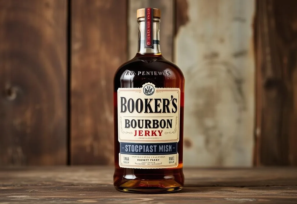 A bottle of Booker's Bourbon on a rustic background