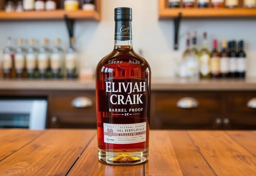 A bottle of Elijah Craig Barrel Proof on a wooden table