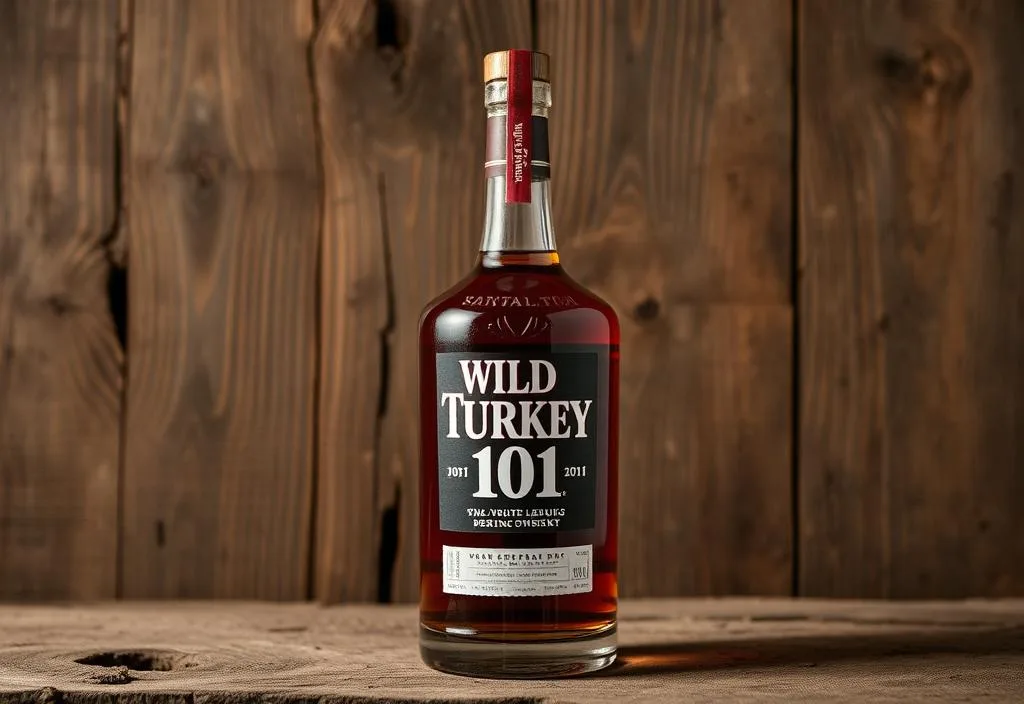 A bottle of Wild Turkey 101 on a rustic background