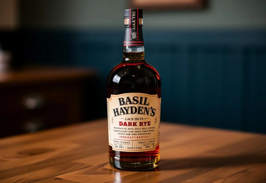 A bottle of Basil Hayden's Dark Rye on a wooden table