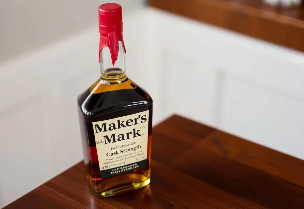 A bottle of Maker's Mark Cask Strength on a wooden table