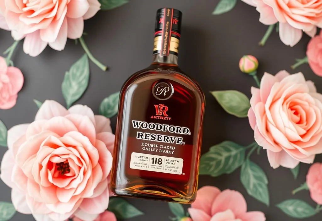 A bottle of Woodford Reserve Double Oaked on a floral background