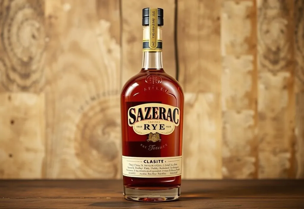 A bottle of Sazerac Rye on a rustic background