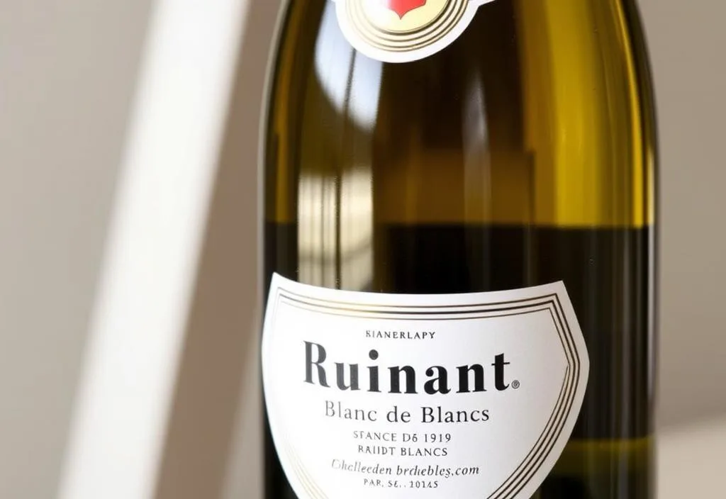 A bottle of Ruinart Blanc de Blancs with a white label