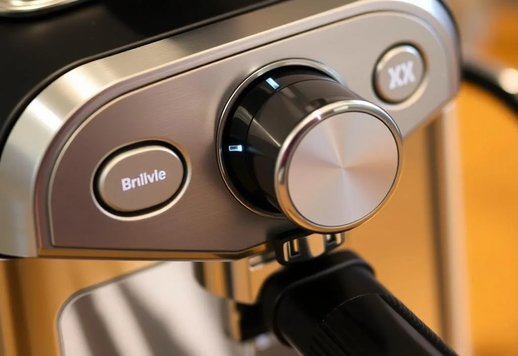 A close-up image of the Breville Bambino Plus's control panel and espresso portafilter.