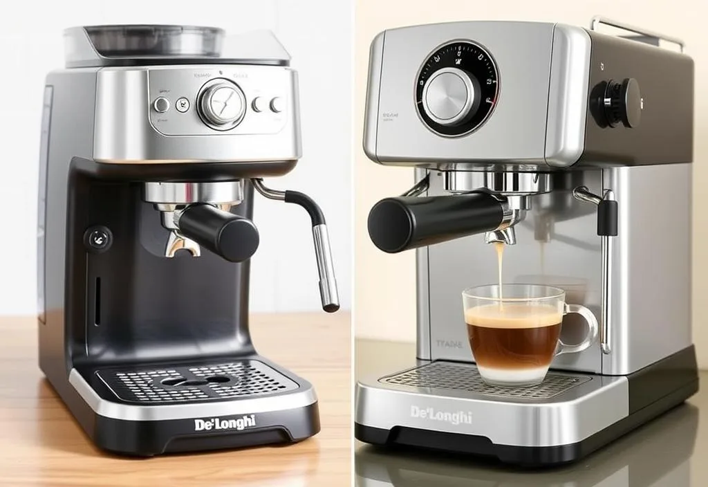 A side-by-side comparison image of the De'Longhi EC155 and a traditional espresso machine.