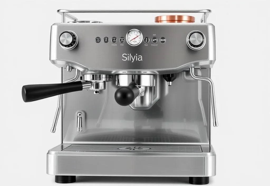 A high-quality image of the Rancilio Silvia's stainless steel body and copper boiler.