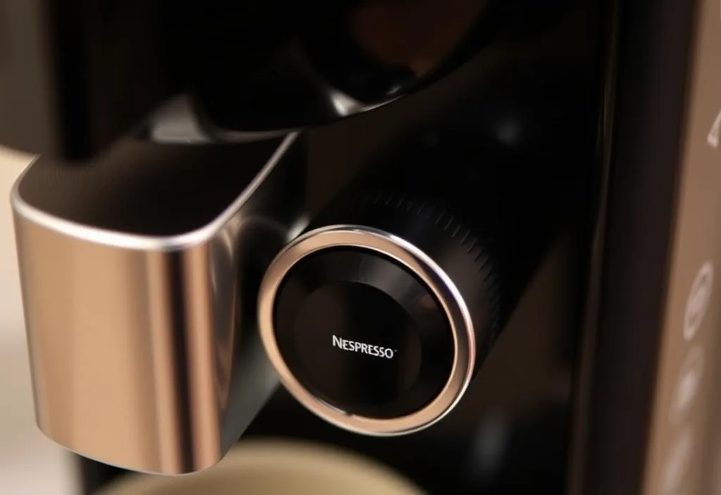 A close-up image of the Nespresso Expert's control panel and espresso portafilter.