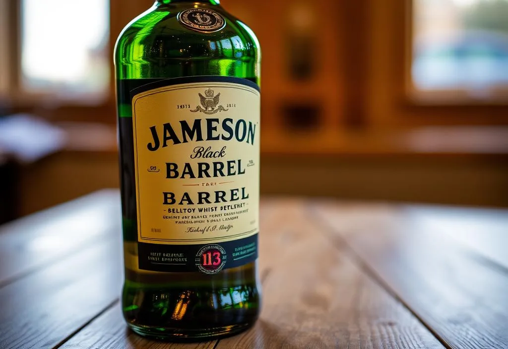 A bottle of Jameson Black Barrel whiskey on a wooden table