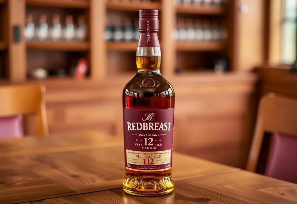 A bottle of Redbreast 12 Year Old whiskey on a wooden table