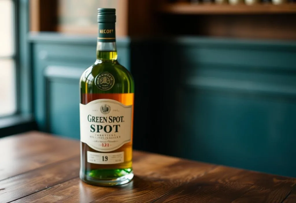 A bottle of Green Spot Chateau Leoville Barton whiskey on a wooden table