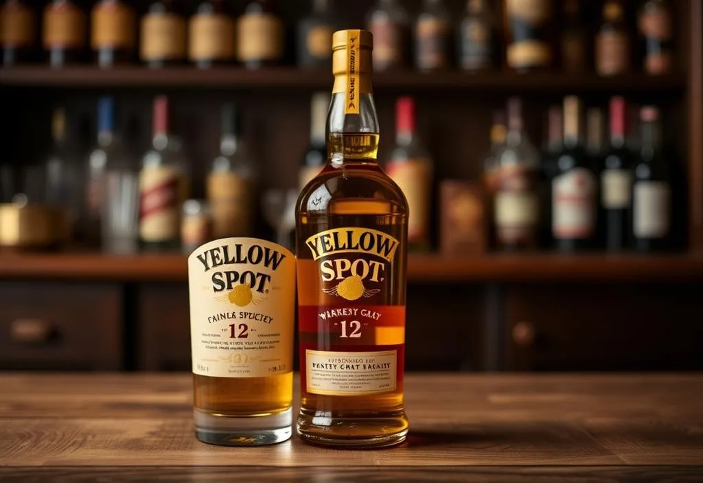 A bottle of Yellow Spot 12 Year Old whiskey on a wooden table