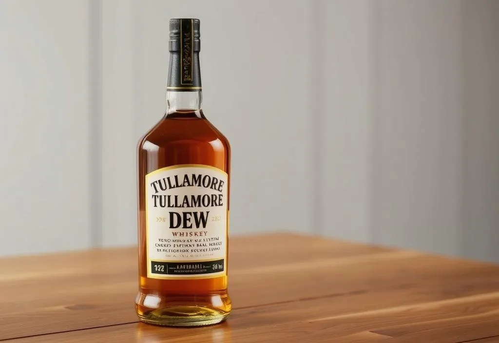 A bottle of Tullamore DEW whiskey on a wooden table