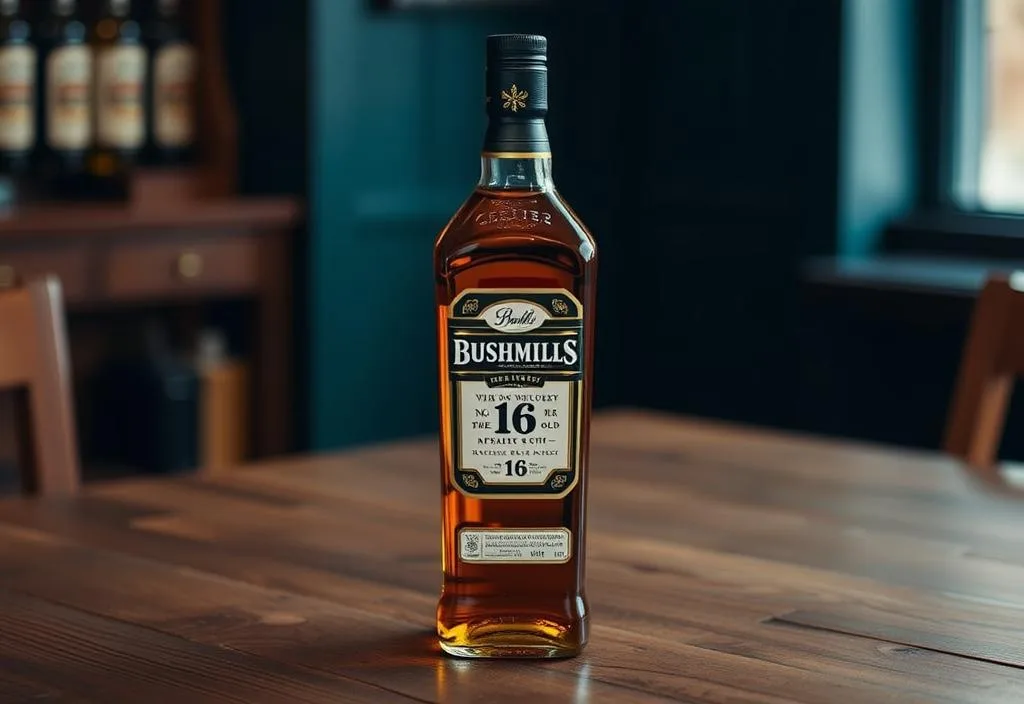 A bottle of Bushmills 16 Year Old whiskey on a wooden table