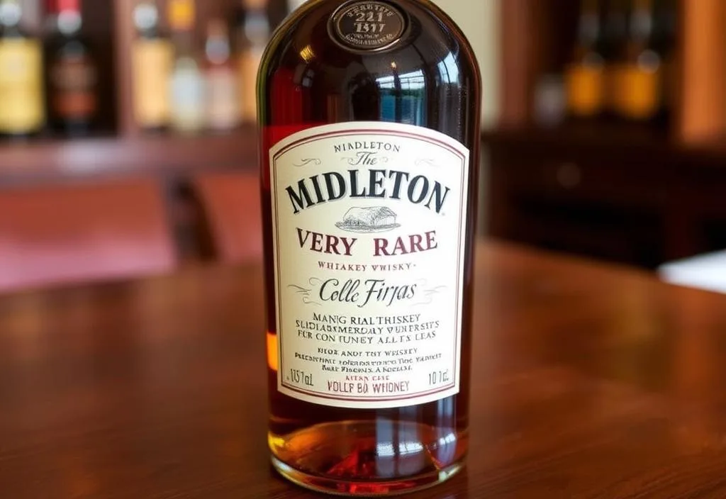 A bottle of Midleton Very Rare whiskey on a wooden table