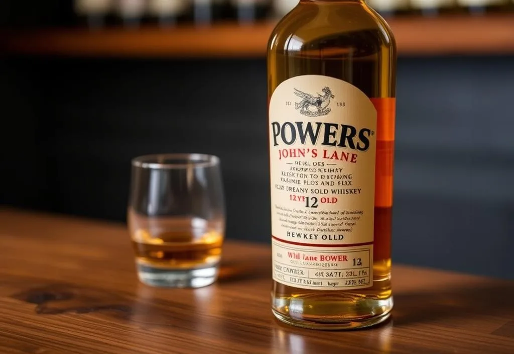 A bottle of Powers John's Lane 12 Year Old whiskey on a wooden table