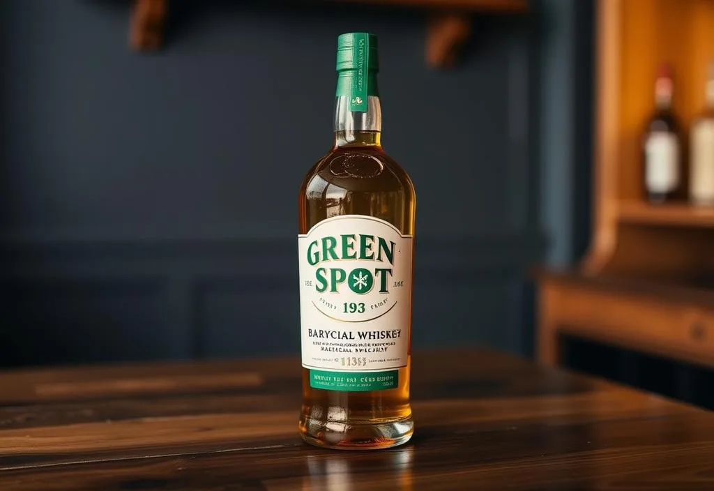 A bottle of Green Spot whiskey on a wooden table